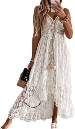 CUPSHE Women’s Lace Up Dresses Boho Tassel V-Neck Flare Ruffle Beach