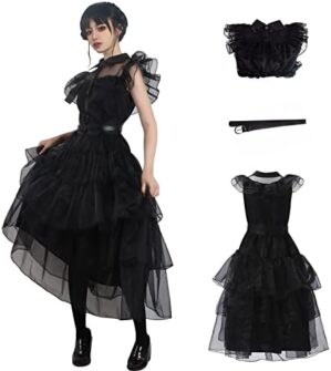 Family Wednesday Costume Vintage Goth Black Raven Dance Dress Cosplay Women Girl Tulle Lace Skirt Halloween Party Outfit
