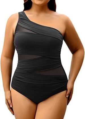 Aqua Eve Plus Size One Piece Swimsuit for Women Tummy Control Bathing Suits One Shoulder Swimwear