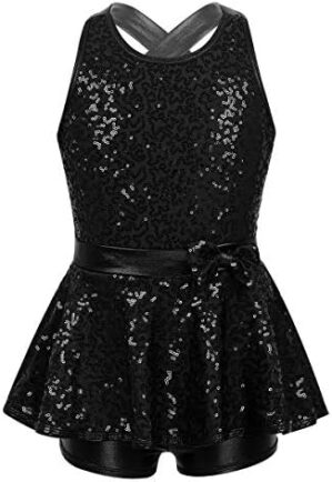 JEATHA Kids Girls Shiny Sequins Cutout X-Back Bowknot Ballet Jazz Latin Dress Gymnastic Costume Leotard Dancewear