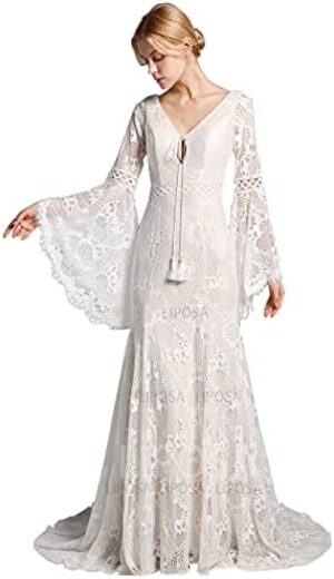 LIPOSA Boho Lace Wedding Dresses for Brides Long Bell Sleeves V Neck Mermaid Bridal Gowns with Sweep Train