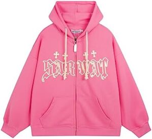 Sumleno Y2k Zip Up Hoodie Cross Graphic Goth Alt Emo Clothing Y2k Aesthetic Streetwear Baggy Grunge Hooded Sweatshirts Jacket