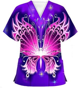 Scrub_Tops for Womens T Shirt Butterflies Valentine’s Day Printed V-Neck Working Uniform Workwear Pockets Top