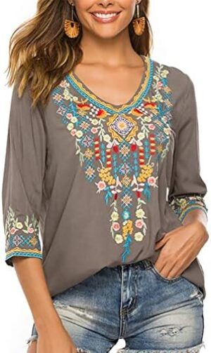 LauraKlein Women’s Boho Embroidered Peasant Tops 3/4 Sleeve V Neck Mexican Bohemian Shirts Tunics Blouses