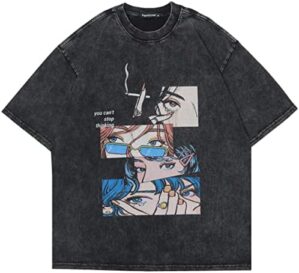 Rapidstreet Mens Washed T-Shirt Harajuku Streetwear Japanese Cartoon Girl Kanji Tee Shirt Graphic