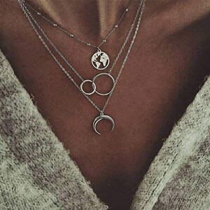 fxmimior 2 Tier Boho Dainty Layered Necklace Moon Necklaces Map Pendant Silver Gold Jewelry Stackable Choker Necklaces for Women and Girls (Gold)