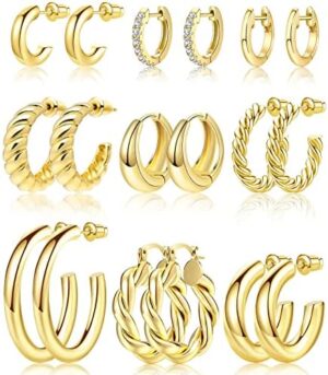 Adoyi 9 Pairs Gold Hoop Earrings Set for Women Gold Twisted Huggie Hoops Earrings 14K 18K Gold Plated for Girls Gift Lightweight