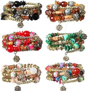 FIBO STEEL 6 Sets Bohemian Stackable Bead Bracelets for Women Stretch Multilayered Bracelet Set Multicolor Boho Jewelry