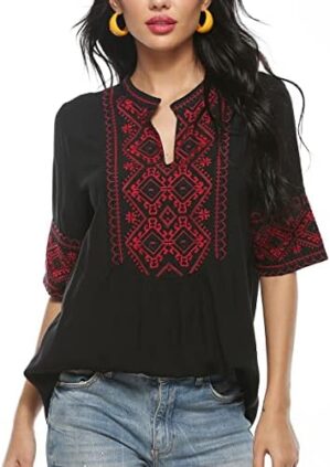 AK Women's Summer V Neck Boho Embroidered Mexican Shirts Short Sleeve Casual Tops Blouse