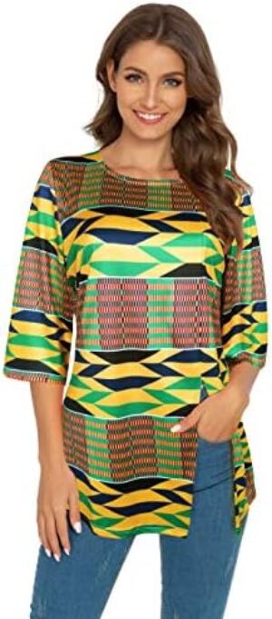 Afibi Womens Print Shirt African Dashiki 3/4 Sleeve Boho Loose Tunic Tops
