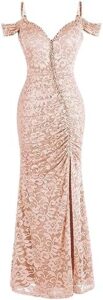 Angel-fashions Women’s V Neck Lace Split Ruffled Beading Sheath Wedding Dress