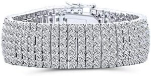 Bling Jewelry Classic Fashion Bridal Multi Row Wide Graduated Cubic Zirconia Cluster AAA CZ Statement Bracelet Silver Plated Perfect for Prom, Wedding or any Special Occasion.