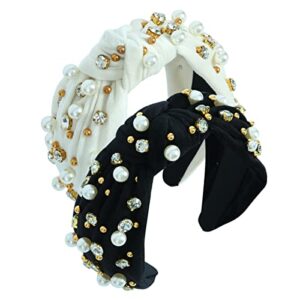 CULHEITE 2 Pack Pearly Knotted Women Headband Jeweled Embellished Gem Hairband White Black Set Luxury Fashion Hair Accessories for Women