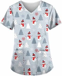 Christmas Scrub Printed Santa Tree Snowman Pattern V-Neck Tee Shirts Work Scrubs with Pockets