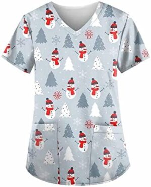 Christmas Scrub Printed Santa Tree Snowman Pattern V-Neck Tee Shirts Work Scrubs with Pockets