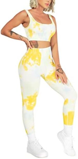 DREAMOON Ombre Seamless Ribbed Workout Sets for Women 2 Piece High Waist Yoga Gym Outfit Tie Dyed Sports Bra and Leggings Set