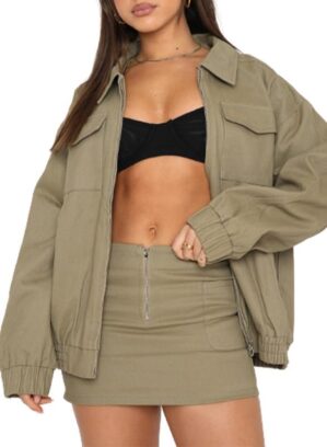 Dokotoo Womens Collared Neck Zip Up Vintage Fashion Cargo Jackets Coats with Front Pockets