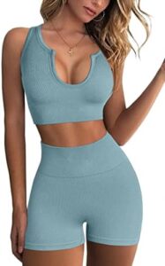 FAFOFA Seamless Workout Sets for Women Ribbed Sport Bra High Waist Running Shorts Gym 2 Piece Yoga Sets