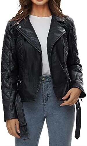 Faux Leather Jacket for Women, Moto Biker Motocycle Coat Lightweight Blazer Vegan