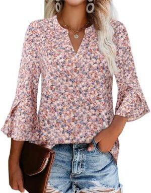 Gaharu Women's Work Blouses Ruffle 3/4 Sleeve Dressy Top V Neck Casual Chiffon Tunic Blouses Business Shirts