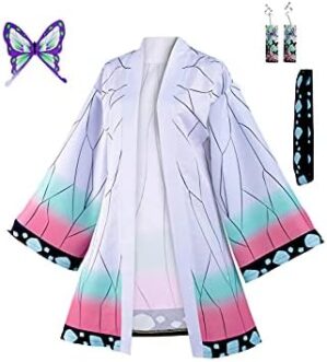 Haydory Womens Kochou Shinobu Cosplay Costume Shinobu Kimono Cloak Cloak BathRobe Full Set Halloween Suit with Hairpin