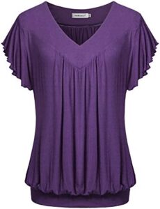 Helloacc Womens V Neck Short Ruffled Cap Sleeves Banded Hem Bottom T Shirts Loose Tops with Shirred