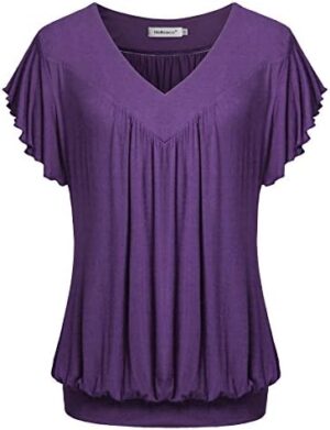 Helloacc Womens V Neck Short Ruffled Cap Sleeves Banded Hem Bottom T Shirts Loose Tops with Shirred