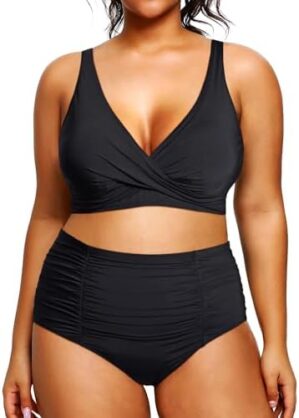 Holipick Two Piece Plus Size Swimsuits for Women High Waisted Bikini Tummy Control Bathing Suits Twist Front Swimwear
