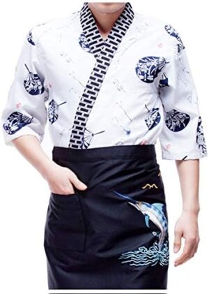 LifeHe Mens Women Sushi Chef Jacket Japanese Kitchen Uniform Sushi Workwear Kimono Cardigan