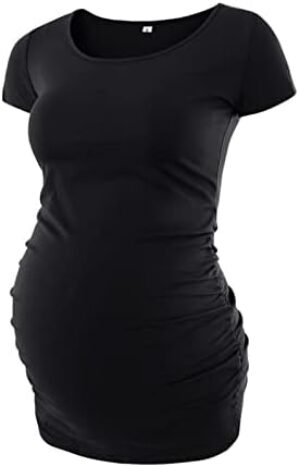 Love2Mi Womens Mama Maternity Tunic Tops Side Ruched T-Shirt Short Sleeve Fitted Pregnancy Clothes