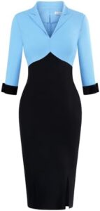 MUXXN Women’s Vintage 3/4 Sleeve V Neck Midi Colorblock Business Formal Work Bodycon Pencil Dresses