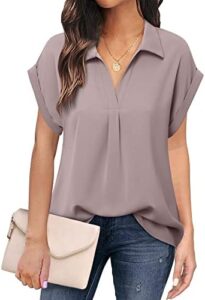 Messic Womens Short Sleeve Blouses Collared V Neck Shirts Chiffon Summer Business Casual Tops