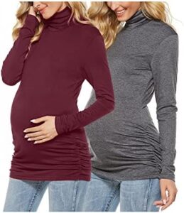 Molliya Maternity Shirt Long Sleeve Turtleneck Side Ruched Stretch Fitted Tunic Top Pregnancy Clothes
