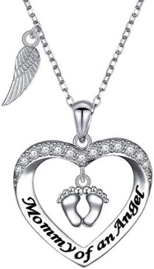 Mommy of an Angel Necklace Baby Angel Necklace Infant Child Foot Print Sterling Silver Memorial Jewelry Sympathy Gift for Women Mother Mom