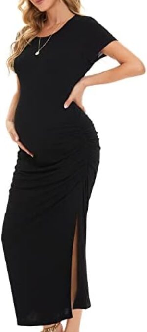 Smallshow Women's Split Long Maternity Dress Short Sleeve Ruched Pregnancy Clothes