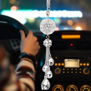 ToBeQueen Car Bling Rearview Mirror Accessories for Women,Car Rearview Mirror Crystal Pendant,Crystal Ball Charm Decor Bling Car Accessories for Women Interior,White