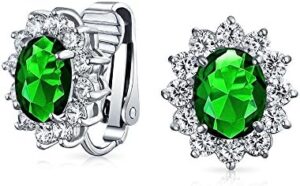 Traditional Classic Bridal Simulated Gemstones Cubic Zirconia AAA CZ Halo Crown Oval Stud Clip On Earrings For Women Wedding Non Pierced Ears Rose Gold Silver Plated