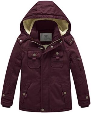 WenVen Boy's Winter Sherpa Jacket Heavy Twill Cotton Military Coat with Hood