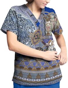 Womens Plus Size Printe Scrub Tops Soft Stretch Comfy V Neck Tshirt Nursing Uniforms Top Tees with Pockets(S-5X)