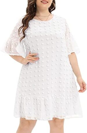 Women's Plus Size Swiss Dot Short Sleeve Ruffle Cute Summer Chiffon Loose Flowy Shift Mini Dress