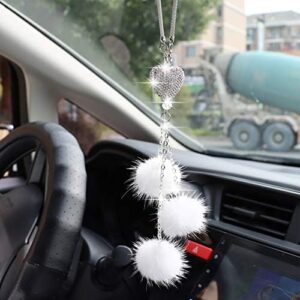 YIDEXIN Bling Car Accessories for Women £¦ Men Bling White Heart and Pink Fuzzy Drops Bling Rinestones Diamond Car Accessories Crystal Car Rear View Mirror Charms,Lucky Hanging Accessories (White)