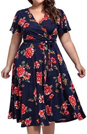 kissmay Plus Size Womens V Neck Floral Cocktail Party Midi Dresses with Pocket