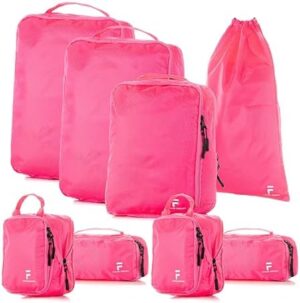 8 Piece Compression Packing Cubes Set - Double Capacity Design for Travel - Small, Medium & Large Sizes - Carry-On Suitcase Organizer Bags (Hot Pink)