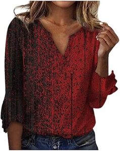 2024 Spring Tops for Women Trendy,3/4 Length Bell Sleeve V Neck Tops Vintage Womens Casual Loose Fit Basic Tees for Women