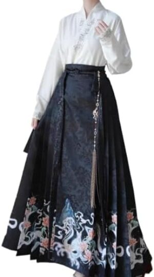 2024 Traditional Daily Hanfu Women's Chinese Style Suit Embroidery Sleeve Horse-face Pleated Skirt Fashion Wear Clothing (Color : Blue set, Size : XL)