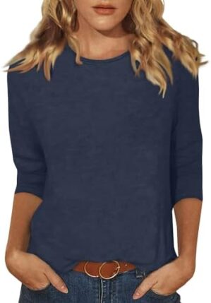 3/4 Sleeve T Shirts for Women Summer Crewneck Tops Dressy Blouses Slim Fit Solid Color Tee Shirts