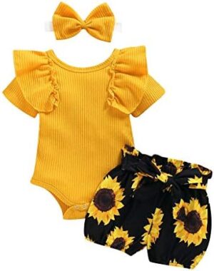 3PCS Baby Girl Clothes Toddler Girl Outfits Newborn Ruffle Bodysuit Tops Pants