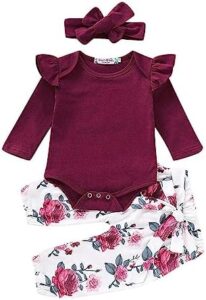 3PCS Infant Toddler Baby Girl Clothes Ruffle Romper Bodysuit Floral Halen Pants Headband Outfits