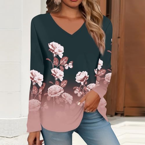 Tops for Women Long Sleeve V Neck Retro Printed Loose Fit Tunic T Shirts 2024 Summer Fashion Cute Tee Blouse - Image 2