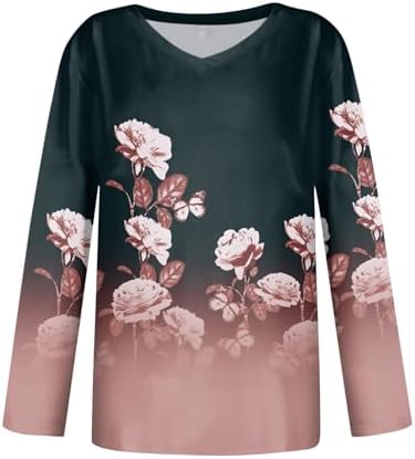 Tops for Women Long Sleeve V Neck Retro Printed Loose Fit Tunic T Shirts 2024 Summer Fashion Cute Tee Blouse - Image 3